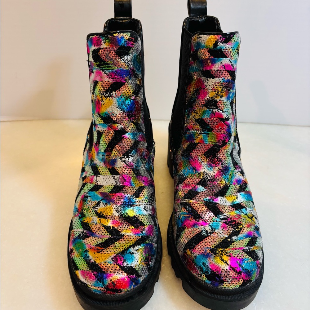 Betsey Johnson Boot | “Rowann”Rainbow Sequin Metallic Lug Sole Sz 9